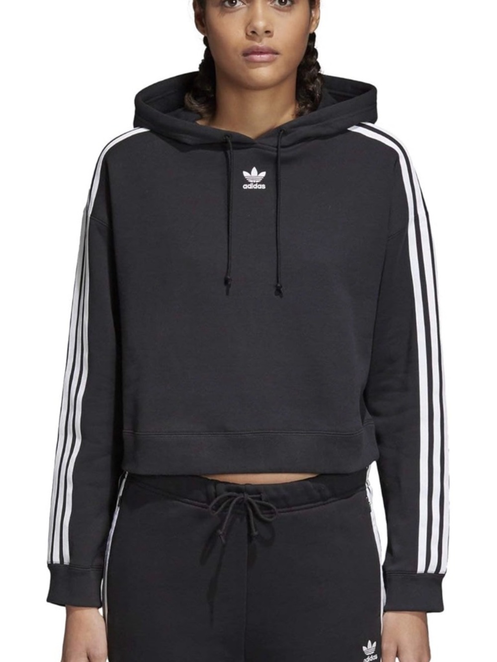 adidas Black Cropped Hoodie with White Sleeve Stripes